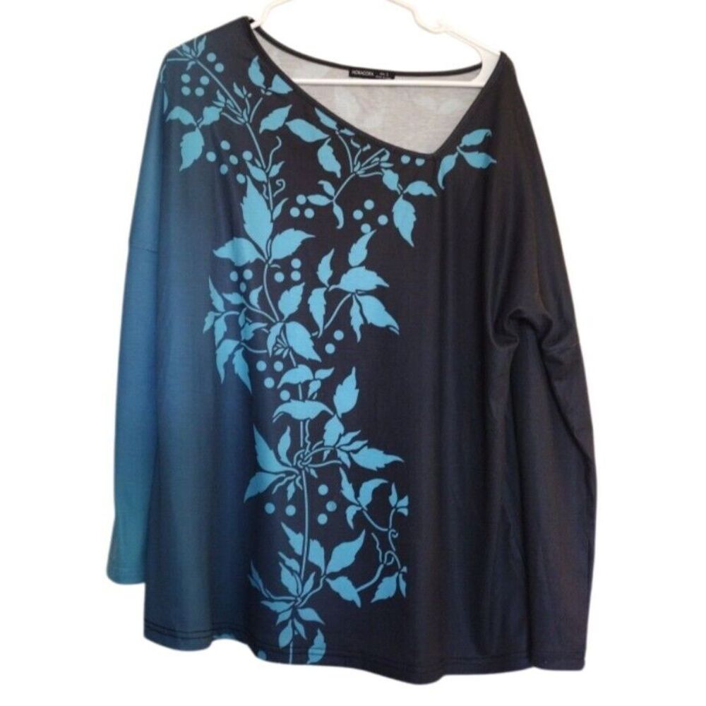 Noracora Tunic Top Women's L Blue Floral Long Sleeve‎ Asymmetrical Neck Bohemian
